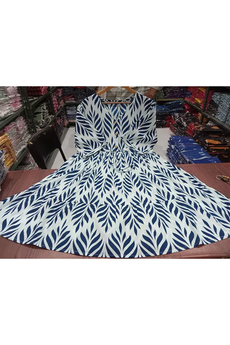 Blue Leaves Print Midi Dress