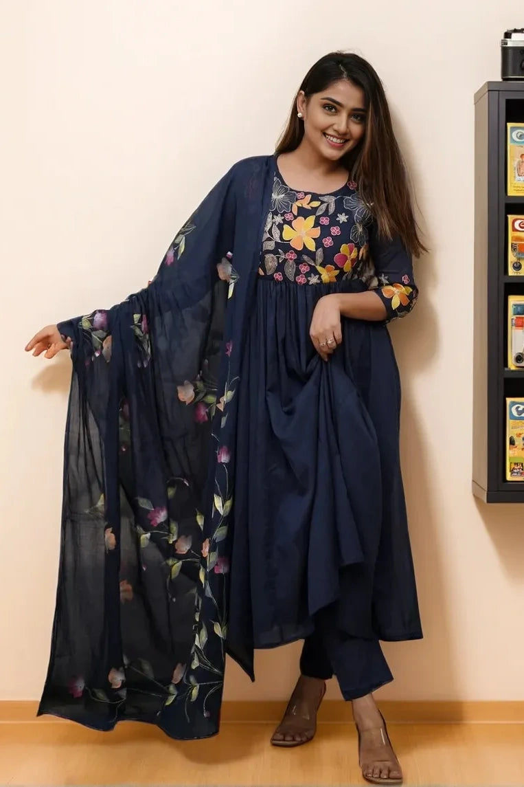 Blue Embroidered Anarkali Kurti Set With Dupatta