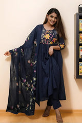 Blue Embroidered Anarkali Kurti Set With Dupatta