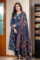 Dark Blue Floral Kurti Set with Dupatta