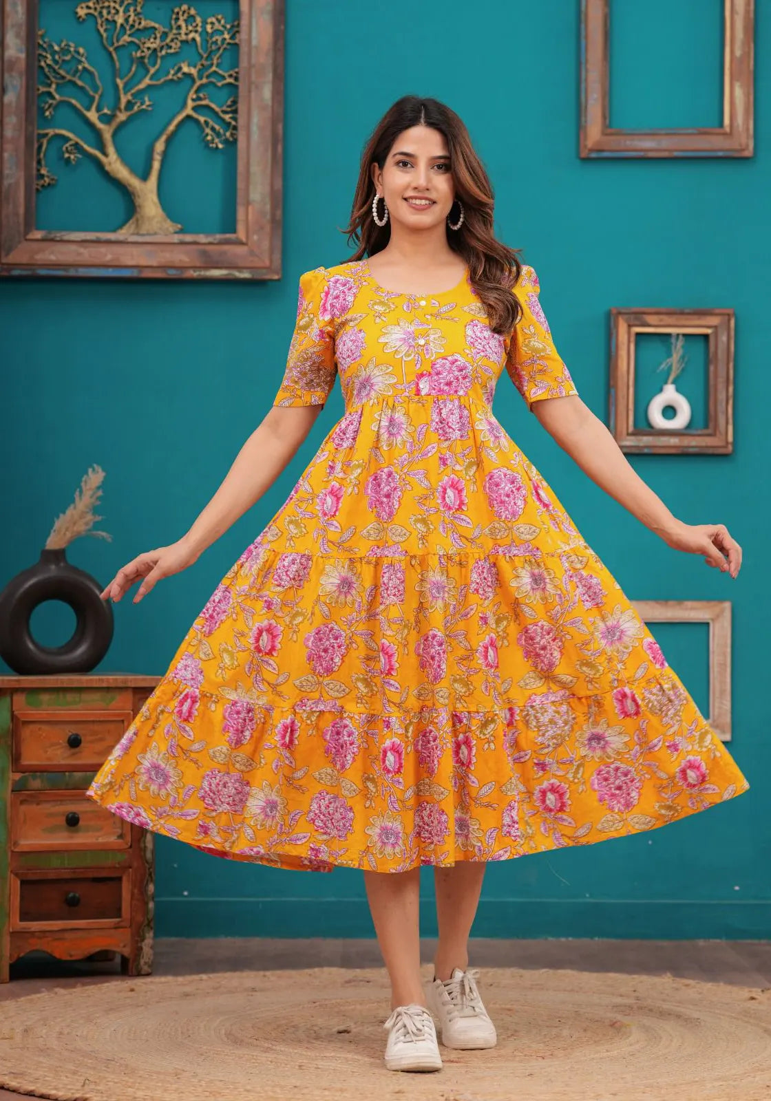 Yellow Floral Midi Dress