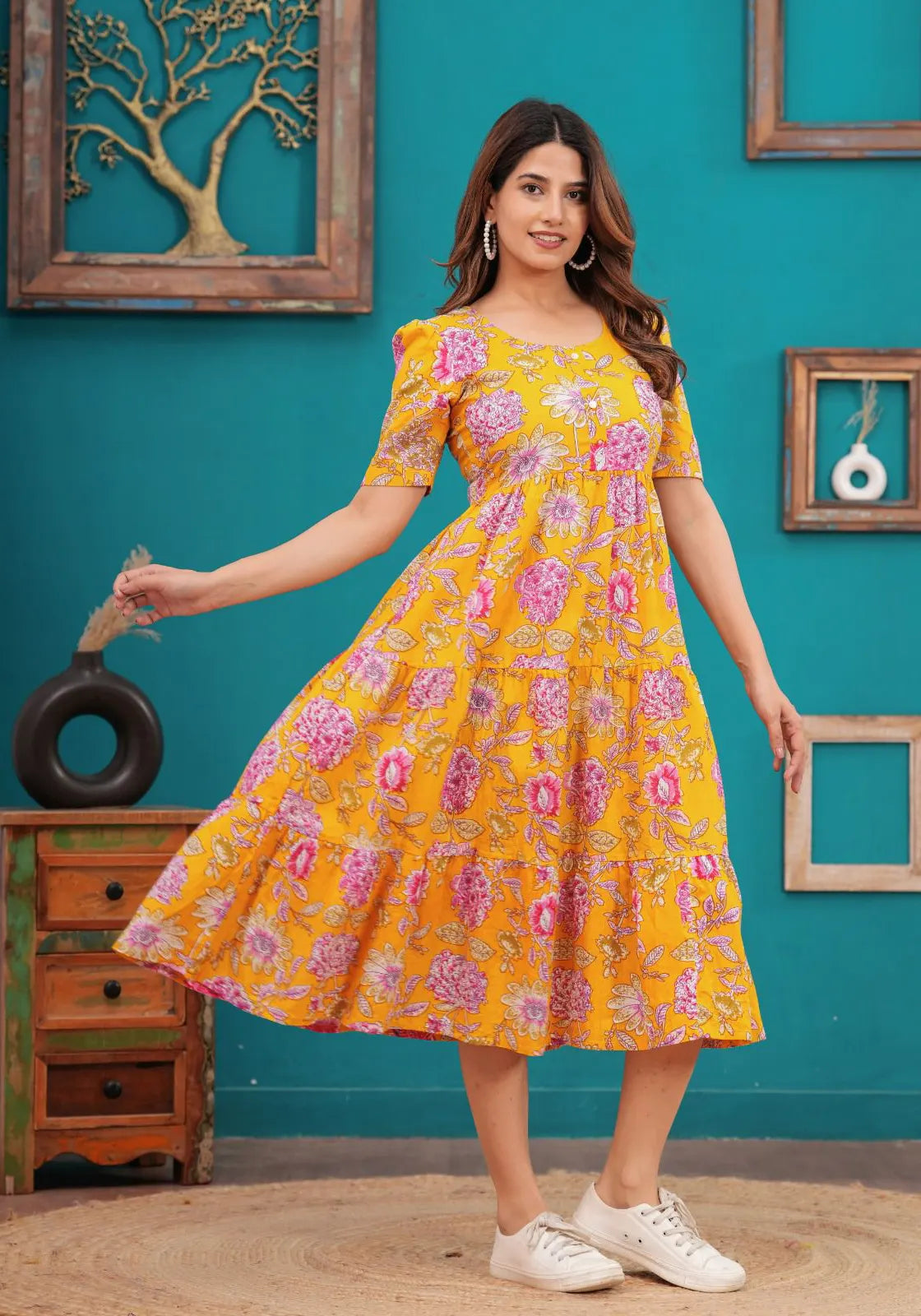 Yellow Floral Midi Dress