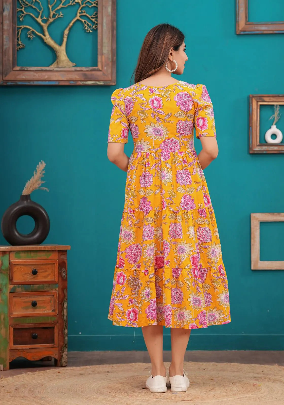 Yellow Floral Midi Dress