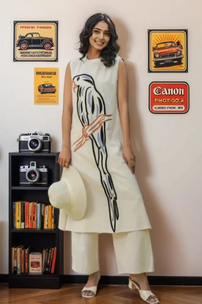 Blue Parrot Embroidered Cotton Flex Co-Ord Set