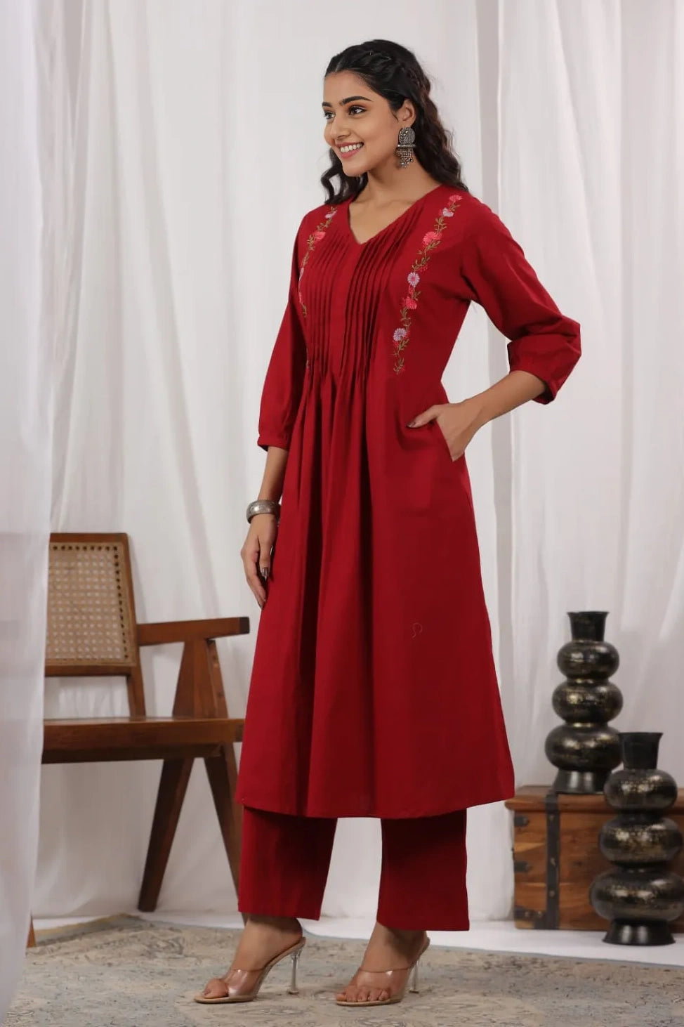 Maroon Pintex A-Line Kurta with Pant