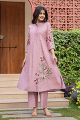 Lilac Embroidered A-Line Kurta with Pant