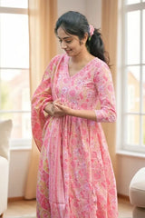 Pink Floral Kurti Set with Dupatta