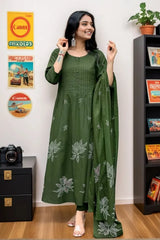 Green Pintex Kurta with Pant and Dupatta