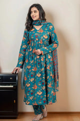 Sea Green Floral Kurti Set with Dupatta