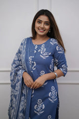 Blue Floral Kurti Set with Dupatta
