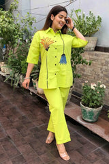 Lime Green Printed Collared Co-Ord Set