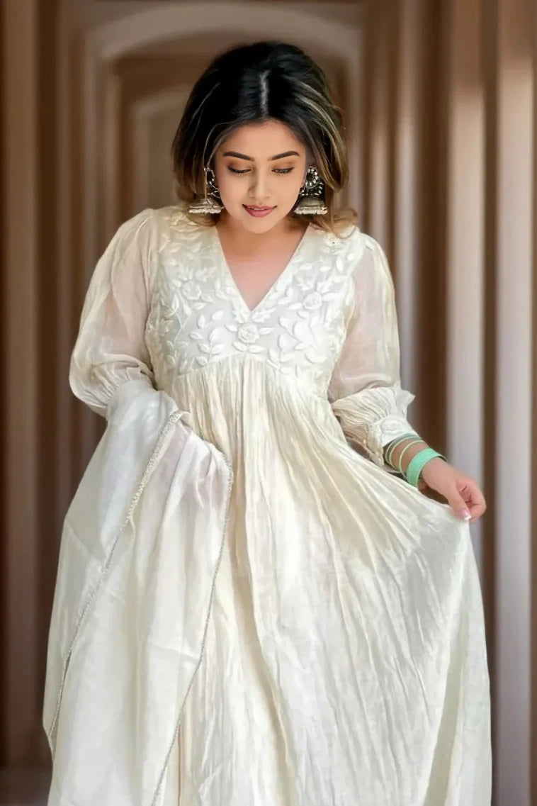 White Chanderi Silk Anarkali Kurta Set