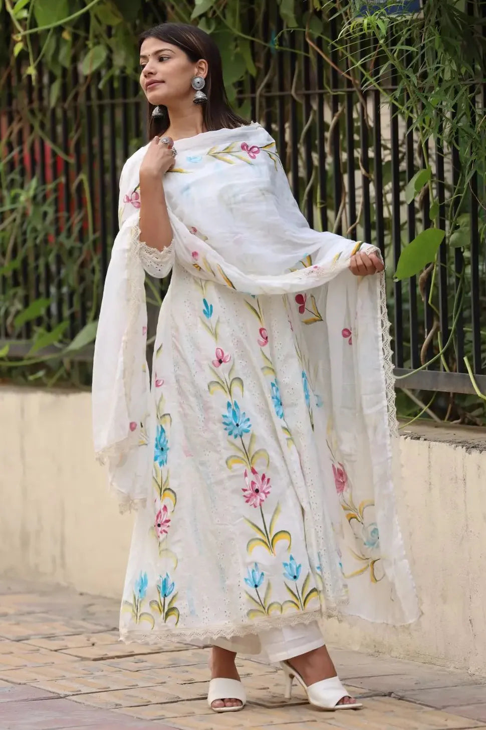 White Schiffli Flared Kurta Set