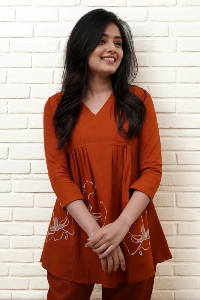 Rustic Orange A-line Embroidery Kurta with Pant