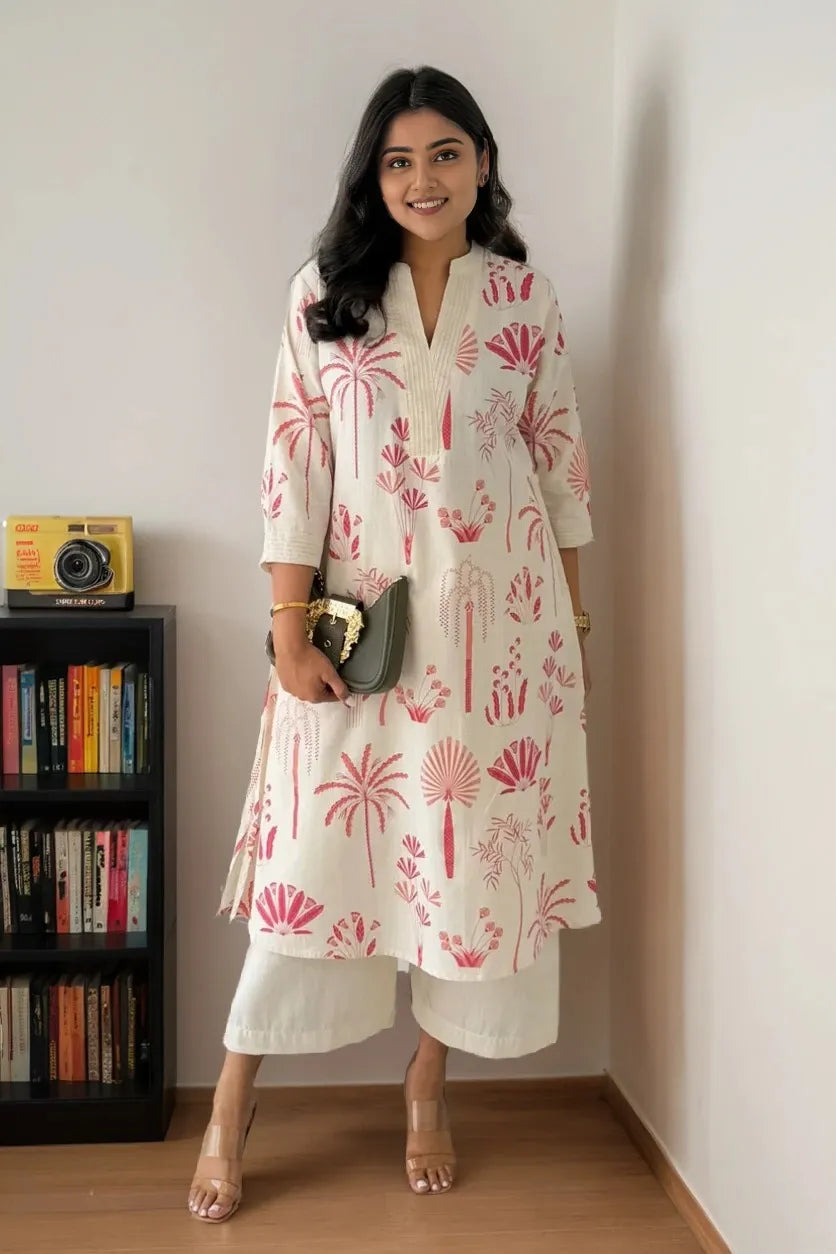 Pink Cotton Flex Kurta With Palazzo