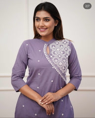 Lavender Embroidered Cotton Straight Kurta Set