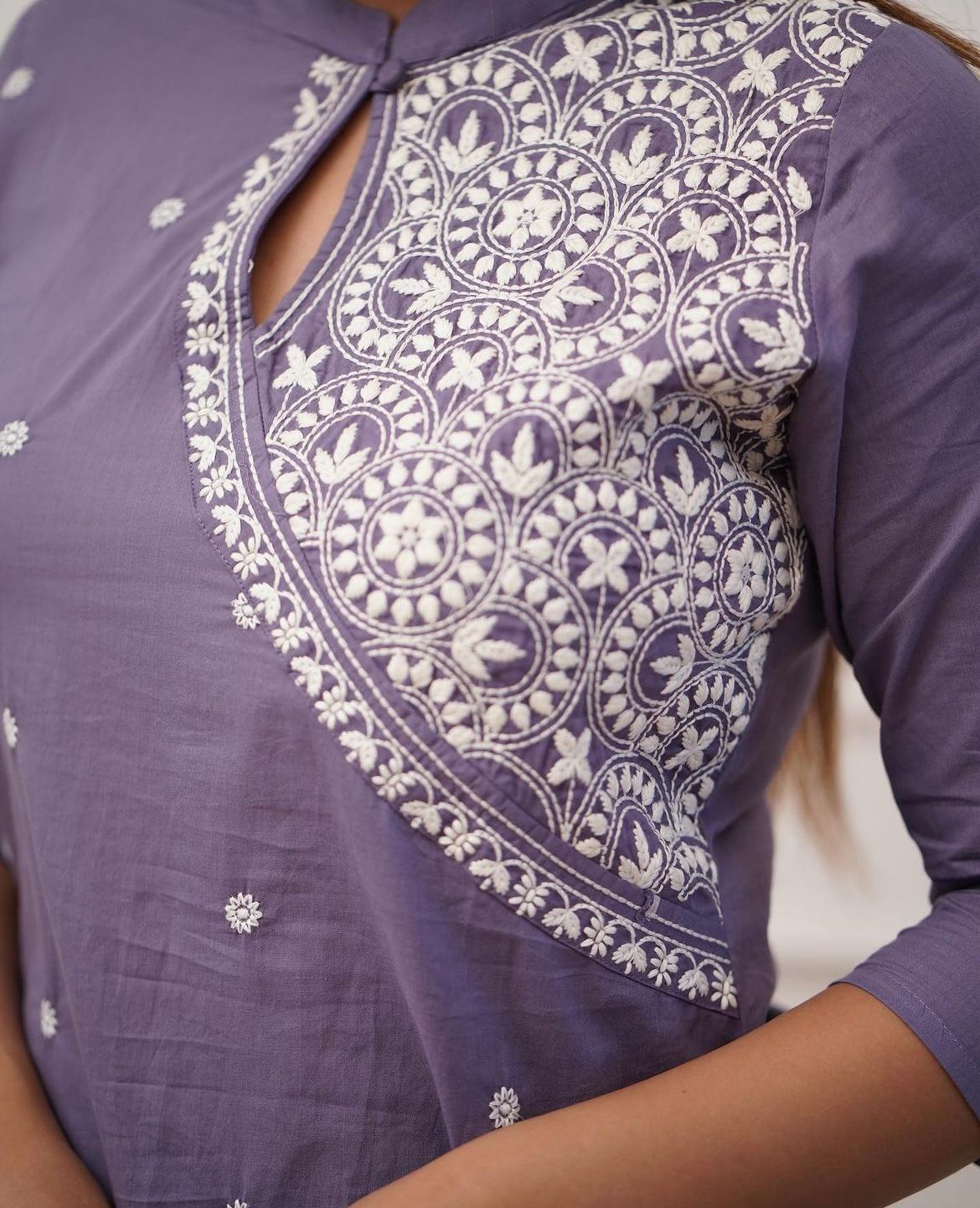 Lavender Embroidered Cotton Straight Kurta Set