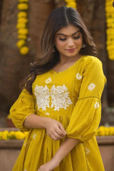 Mustard Anarkali Embroidered Kurti with Pant