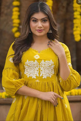 Mustard Anarkali Embroidered Kurti with Pant
