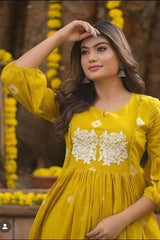 Mustard Anarkali Embroidered Kurti with Pant