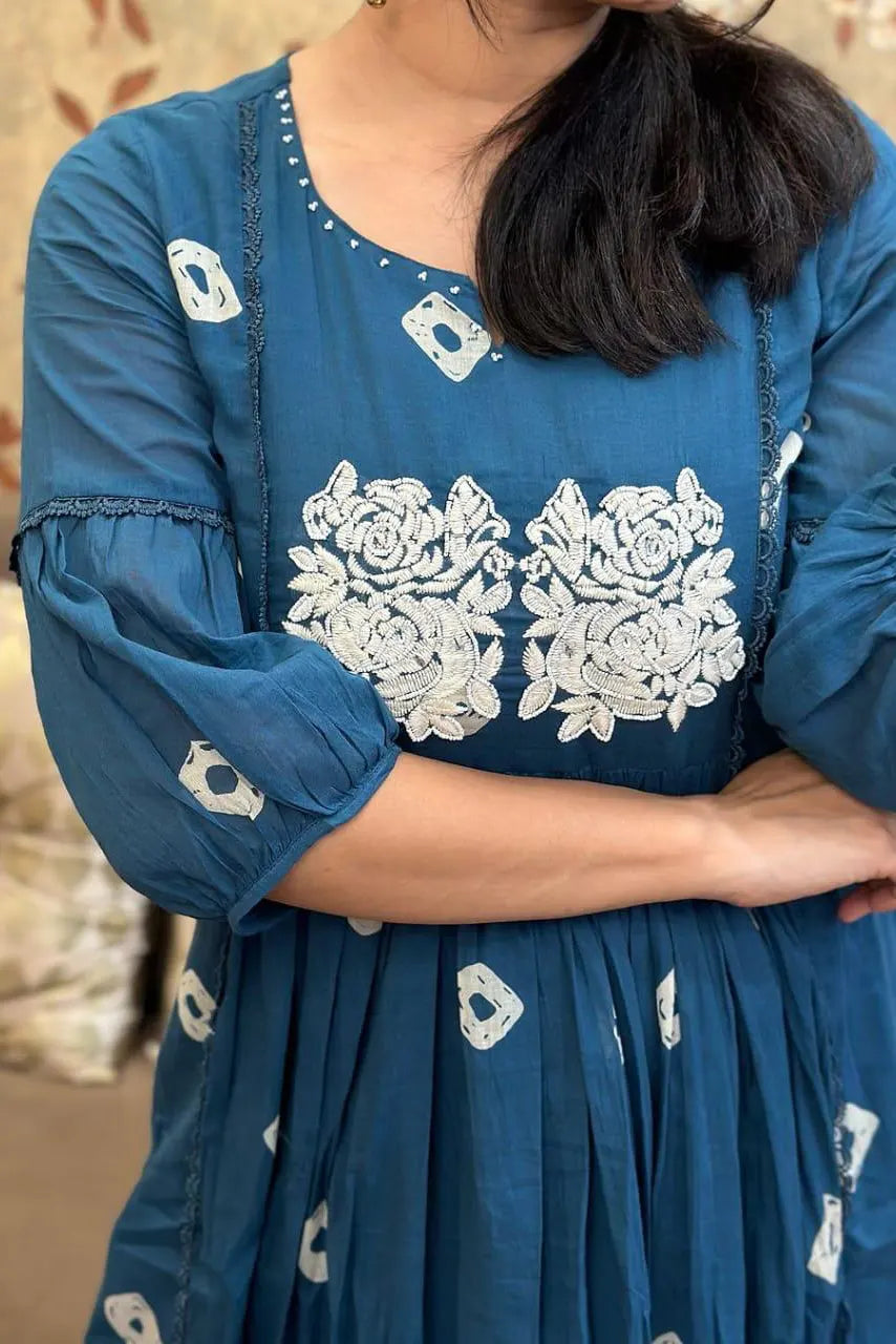 Blue Anarkali Embroidered Kurti with Pant