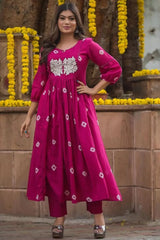 Pink Anarkali Embroidered Kurti with Pant