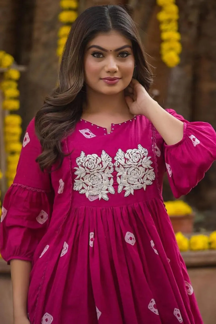 Pink Anarkali Embroidered Kurti with Pant
