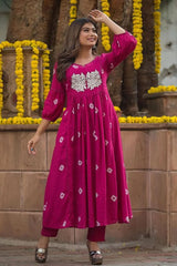 Pink Anarkali Embroidered Kurti with Pant
