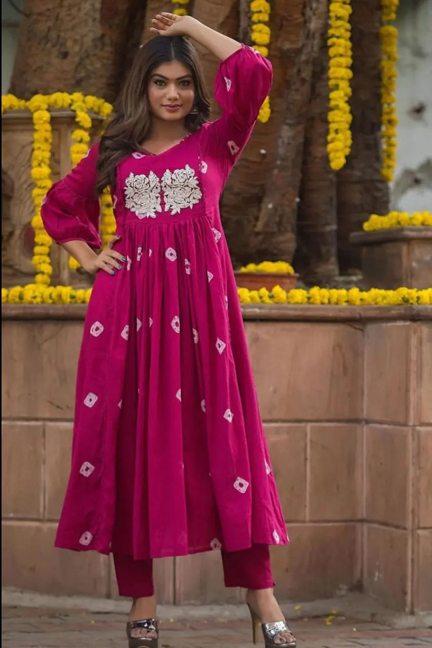 Pink Anarkali Embroidered Kurti with Pant