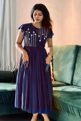Dark Blue Embroidered Midi Dress