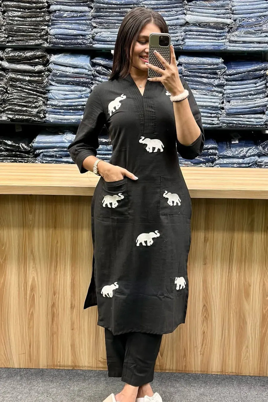Black Elephant Embroidered Kurta with Pant