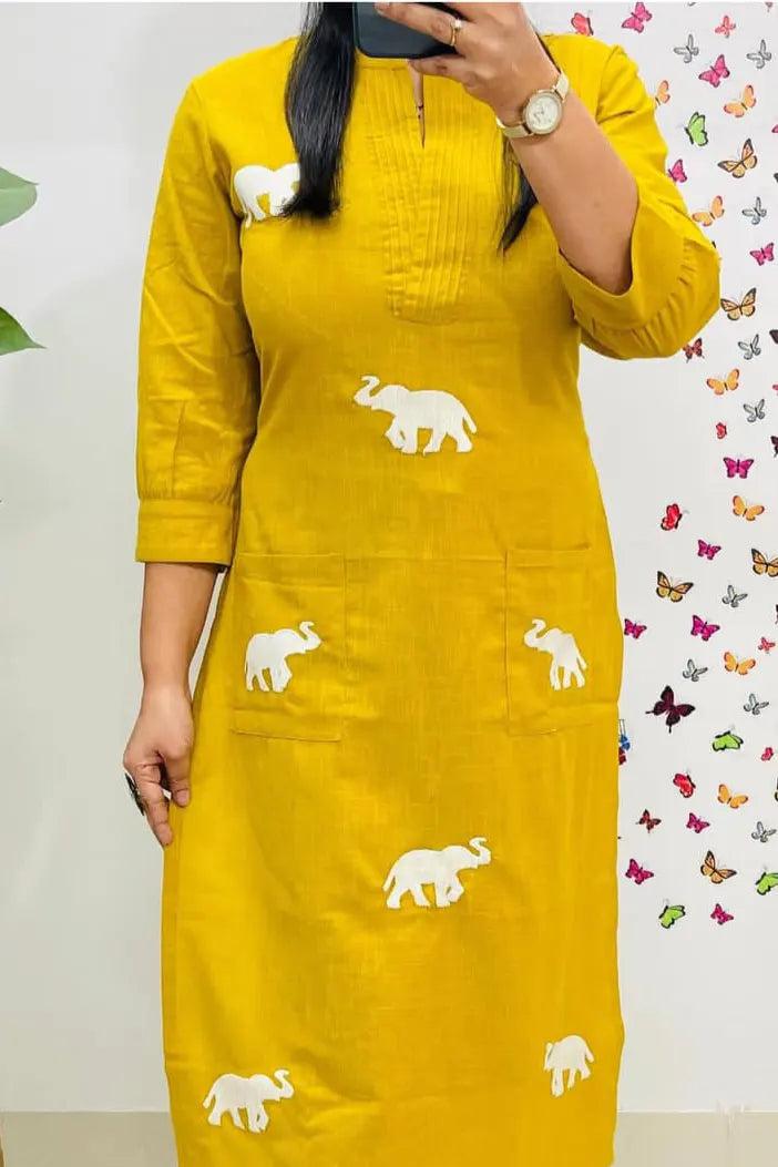 Mustard Elephant Embroidered Kurta with Pant