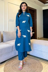 Blue Elephant Embroidered Kurta with Pant