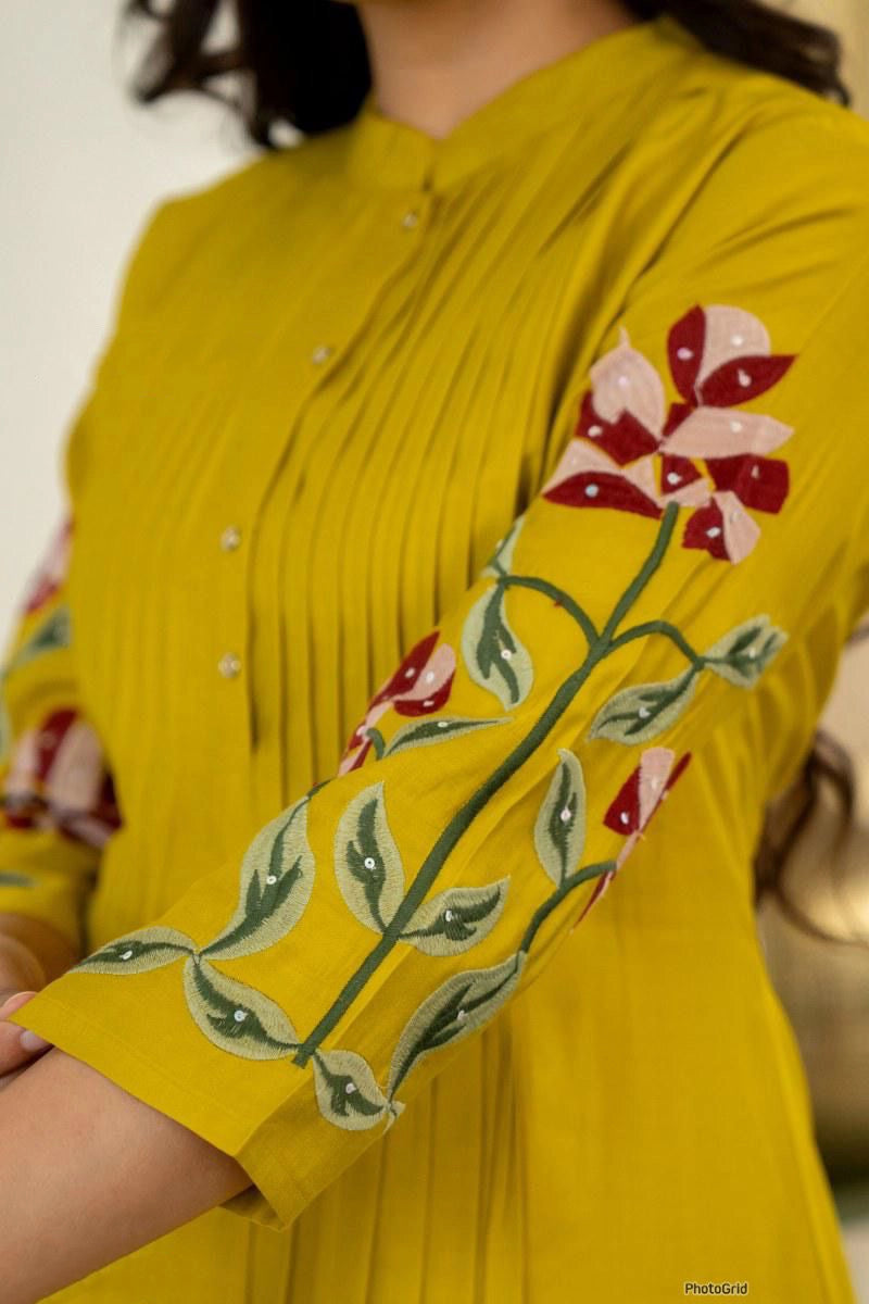 Mustard Embroidered A-Line Kurta with Pant