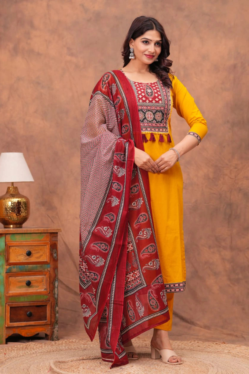 Mustard Paisley Straight Kurta Set