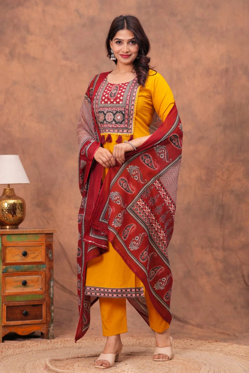 Mustard Paisley Straight Kurta Set