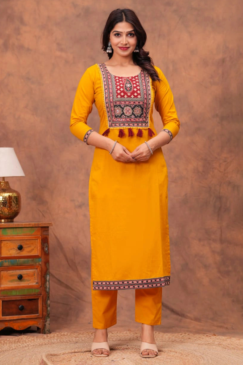 Mustard Paisley Straight Kurta Set