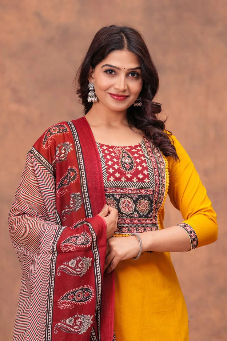 Mustard Paisley Straight Kurta Set