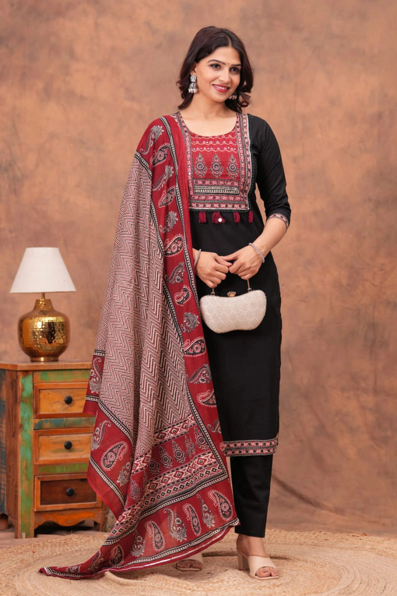 Black Paisley Straight Kurta Set