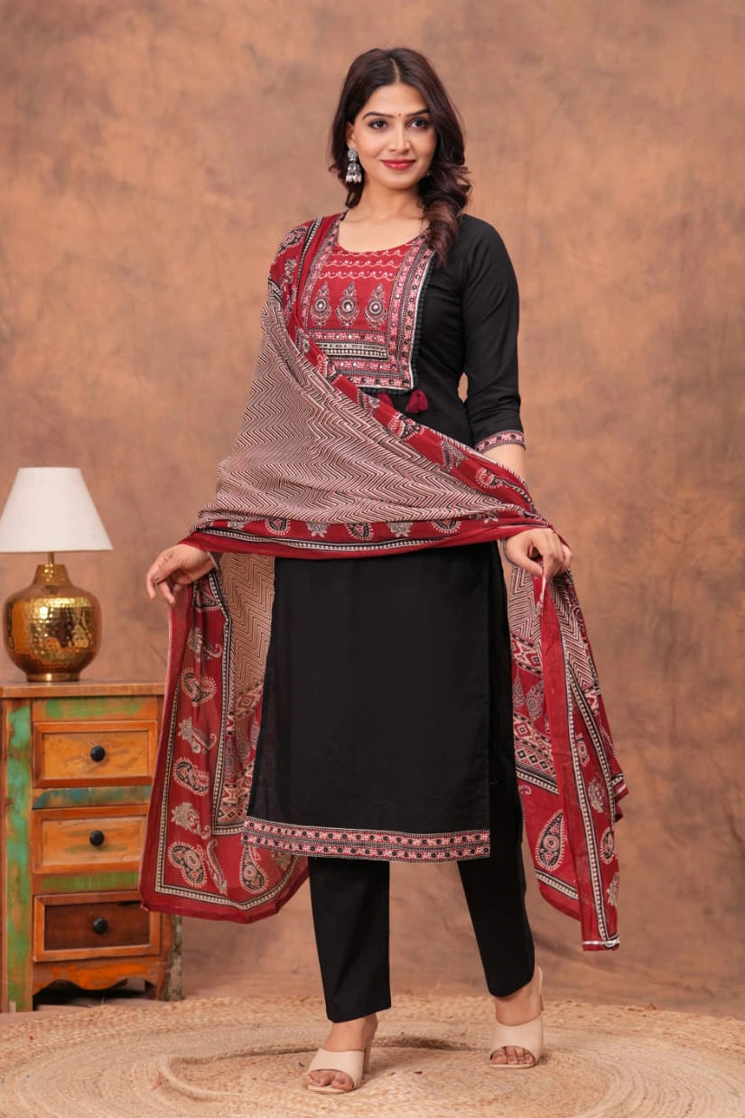 Black Paisley Straight Kurta Set
