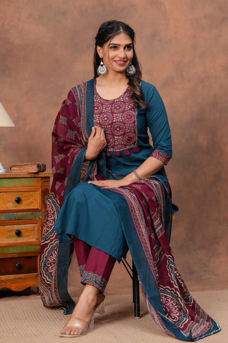 Blue Ajrakh Straight Kurta Set