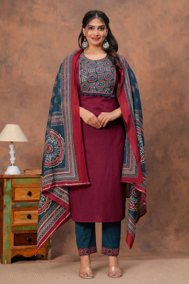 Maroon Ajrakh Straight Kurta Set