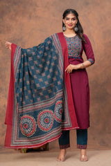 Maroon Ajrakh Straight Kurta Set