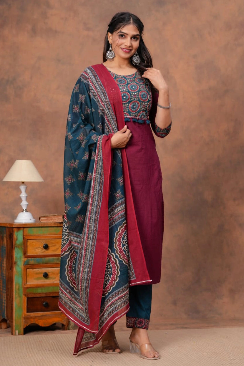 Maroon Ajrakh Straight Kurta Set