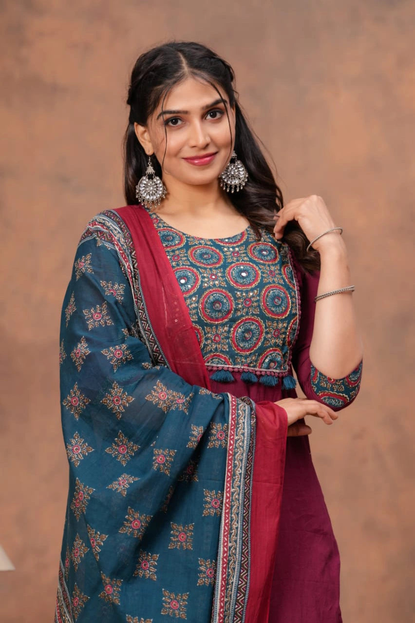 Maroon Ajrakh Straight Kurta Set