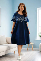 Blue Embroidered Cotton Midi Dress