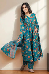 Sea Green Floral Kurti Set with Dupatta