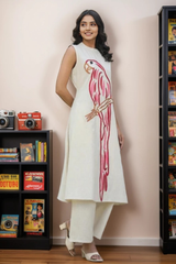 Pink Parrot Embroidered Cotton Flex Co-Ord Set