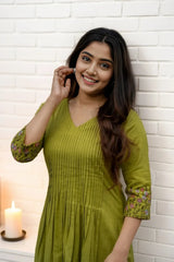 Green Pintex Embroidered Midi Dress