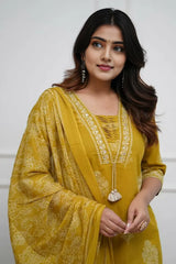 Mustard Cotton Printed Kurta Set with Dupatta